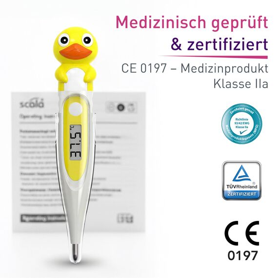 scala SC 44 flex Digitales Fieberthermometer Baby & Kinder – 10 Sek. Messzeit, flexible Spitze, Fieberalarm, wasserdicht – oral, rektal & axillar – Ente Motiv