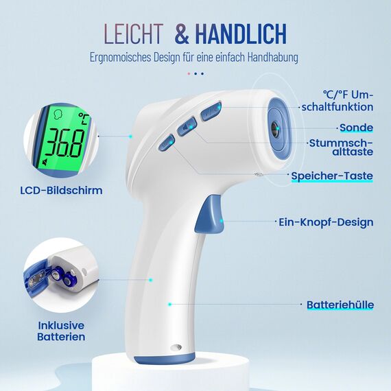 Fieberthermometer kontaktlos für Babys Kinder und Erwachsene, Infrarot-Stirnthermometer mit Fieberalarm, LCD-Display, sofortige genaue Messwerte, Weiß_Blau