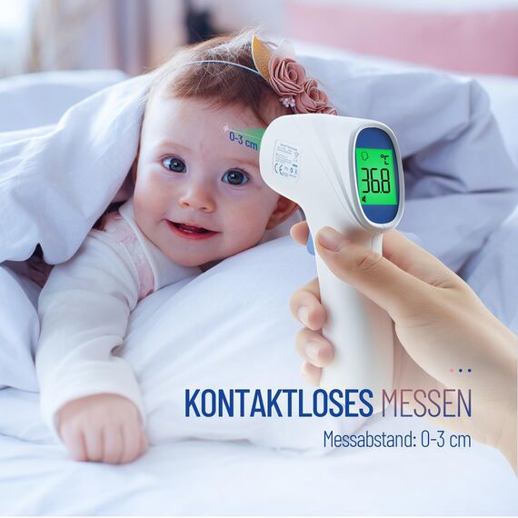 Fieberthermometer kontaktlos für Babys Kinder und Erwachsene, Infrarot-Stirnthermometer mit Fieberalarm, LCD-Display, sofortige genaue Messwerte, Weiß_Blau