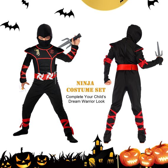 Aomig Ninja Kostüm Set für Kinder - 13-Teiliges Kinderkostüm, Anzug für Jungen und Mädchen, Zubehör für Halloween, Verkleidung, Karneval, Party, Cosplay - Rot Schwarz