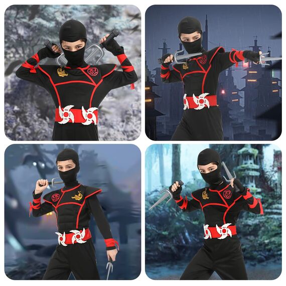 Aomig Ninja Kostüm Set für Kinder - 13-Teiliges Kinderkostüm, Anzug für Jungen und Mädchen, Zubehör für Halloween, Verkleidung, Karneval, Party, Cosplay - Rot Schwarz