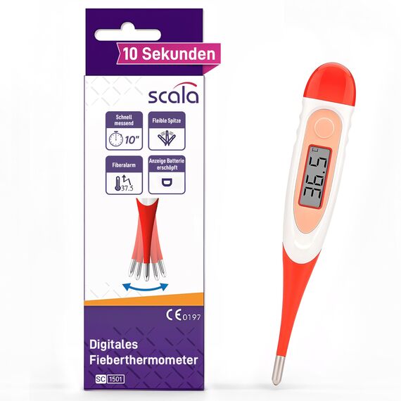 scala SC 1501 flex Fieberthermometer digital – 10 Sek. Messzeit, flexible Spitze, Fieberalarm, wasserdicht – oral, rektal & axillar – für Baby, Kinder & Erwachsene (rot)