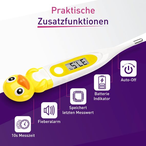scala SC 44 flex Digitales Fieberthermometer Baby & Kinder – 10 Sek. Messzeit, flexible Spitze, Fieberalarm, wasserdicht – oral, rektal & axillar – Ente Motiv