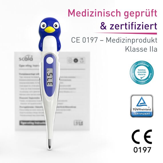 scala SC 44 flex Digitales Fieberthermometer Baby & Kinder – 10 Sek. Messzeit, flexible Spitze, Fieberalarm, wasserdicht – oral, rektal & axillar – Pinguin Motiv