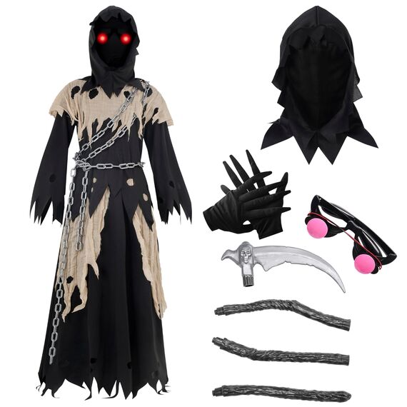 Spooktacular Creations Kinder Sensenmann Kostüm, Glühende Augen Sensenmann Kostüm für Jungen, Gruseliges Phantom Schwarzer Sensenmann Halloween Dress Up-XL