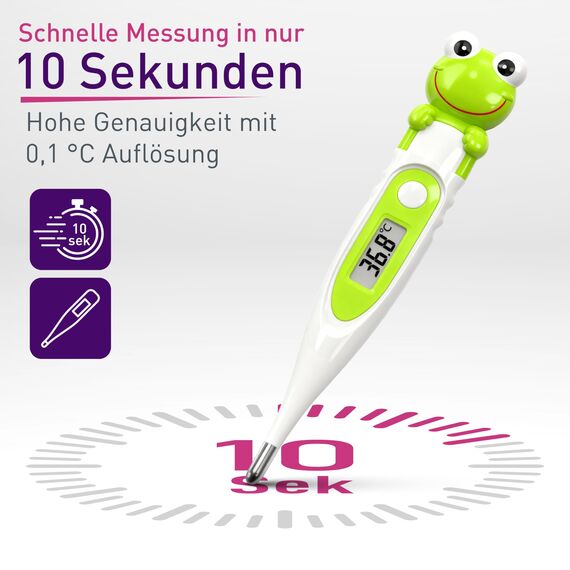 scala SC 44 flex Digitales Fieberthermometer Baby & Kinder – 10 Sek. Messzeit, flexible Spitze, Fieberalarm, wasserdicht – oral, rektal & axillar – Frosch Motiv