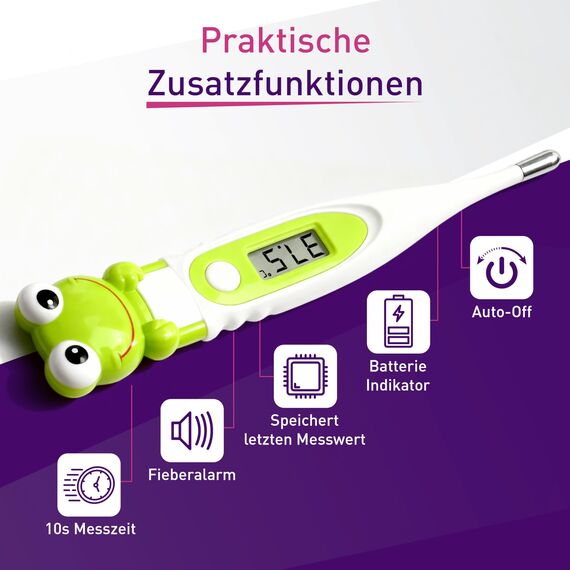 scala SC 44 flex Digitales Fieberthermometer Baby & Kinder – 10 Sek. Messzeit, flexible Spitze, Fieberalarm, wasserdicht – oral, rektal & axillar – Frosch Motiv