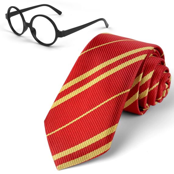 Aomig Zauberer Krawatte Brille Kostüm für Jungen Mädchen, Cosplay Krawatte Runden Brille für Kinder Cosplay Fasching Karneval Halloween Party Kostüme Accessoires Set (Rot + Brille)