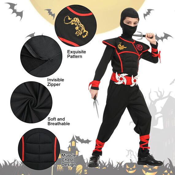 Aomig Ninja Kostüm Set für Kinder - 13-Teiliges Kinderkostüm, Anzug für Jungen und Mädchen, Zubehör für Halloween, Verkleidung, Karneval, Party, Cosplay - Rot Schwarz