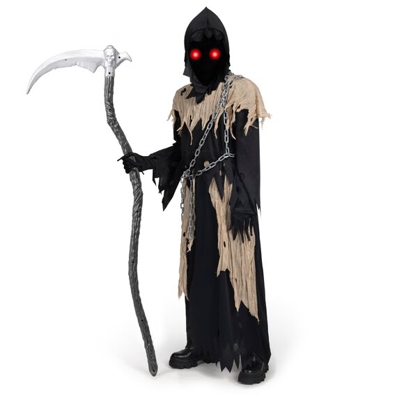 Spooktacular Creations Kinder Sensenmann Kostüm, Glühende Augen Sensenmann Kostüm für Jungen, Gruseliges Phantom Schwarzer Sensenmann Halloween Dress Up-XL