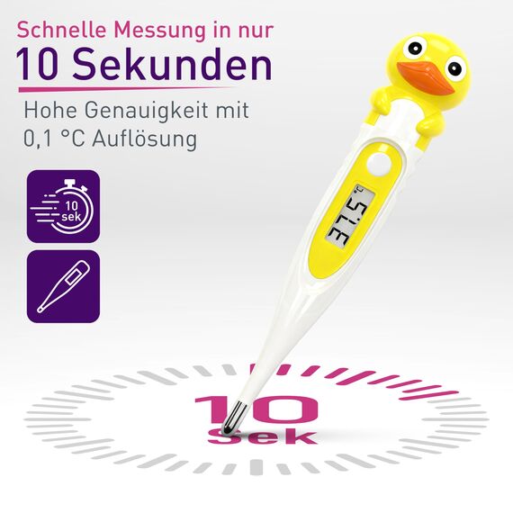 scala SC 44 flex Digitales Fieberthermometer Baby & Kinder – 10 Sek. Messzeit, flexible Spitze, Fieberalarm, wasserdicht – oral, rektal & axillar – Ente Motiv