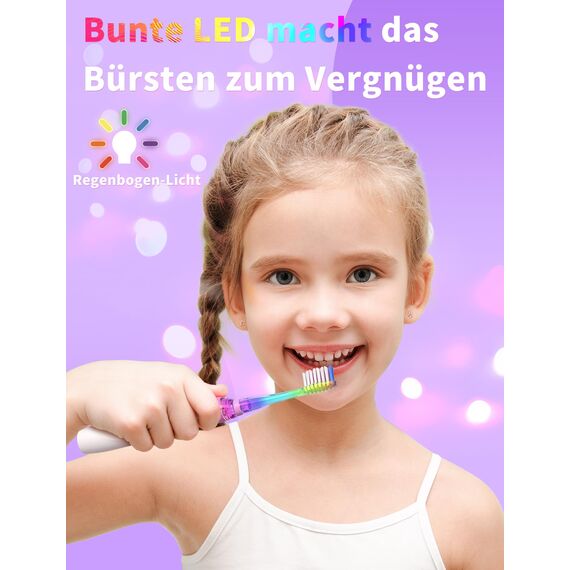 Seago Elektrische Zahnbürste Kinder mit 8 Extra Weiche Aufsteckbürste und 4 Persönliche Modi, LED Licht, Smart Timer, IPX7 Wasserdicht, Kinder Schallzahnbürste ab 3 Jahre, SG977(Violett)