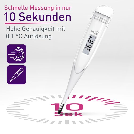 scala SC 28 flex Fieberthermometer digital – 10 Sek. Messzeit, flexible Spitze, Fieberalarm, wasserdicht – oral, rektal & axillar – weiß – für Baby, Kinder & Erwachsene