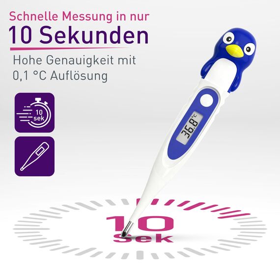 scala SC 44 flex Digitales Fieberthermometer Baby & Kinder – 10 Sek. Messzeit, flexible Spitze, Fieberalarm, wasserdicht – oral, rektal & axillar – Pinguin Motiv