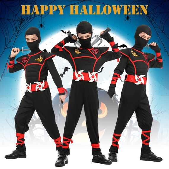 Aomig Ninja Kostüm Set für Kinder - 13-Teiliges Kinderkostüm, Anzug für Jungen und Mädchen, Zubehör für Halloween, Verkleidung, Karneval, Party, Cosplay - Rot Schwarz