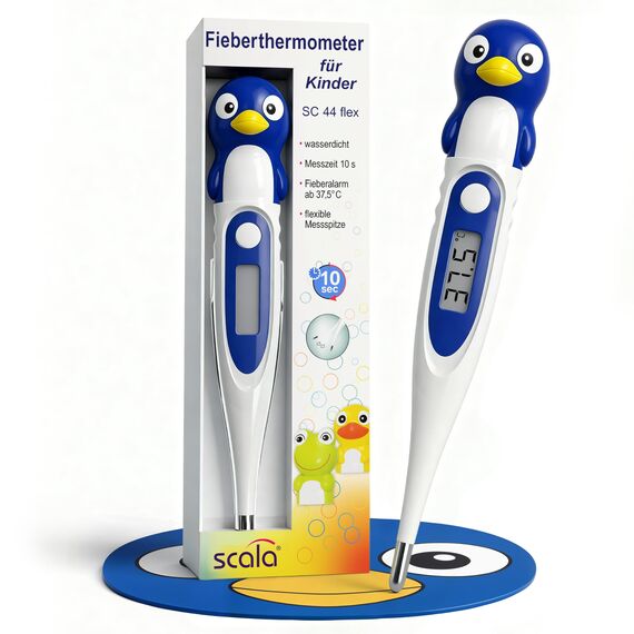 scala SC 44 flex Digitales Fieberthermometer Baby & Kinder – 10 Sek. Messzeit, flexible Spitze, Fieberalarm, wasserdicht – oral, rektal & axillar – Pinguin Motiv