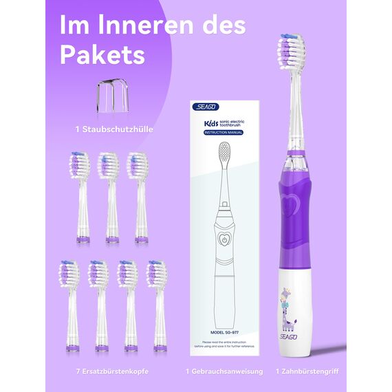 Seago Elektrische Zahnbürste Kinder mit 8 Extra Weiche Aufsteckbürste und 4 Persönliche Modi, LED Licht, Smart Timer, IPX7 Wasserdicht, Kinder Schallzahnbürste ab 3 Jahre, SG977(Violett)