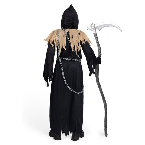Spooktacular Creations Kinder Sensenmann Kostüm, Glühende Augen Sensenmann Kostüm für Jungen, Gruseliges Phantom Schwarzer Sensenmann Halloween Dress Up-S