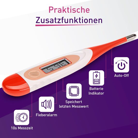 scala SC 1501 flex Fieberthermometer digital – 10 Sek. Messzeit, flexible Spitze, Fieberalarm, wasserdicht – oral, rektal & axillar – für Baby, Kinder & Erwachsene (rot)