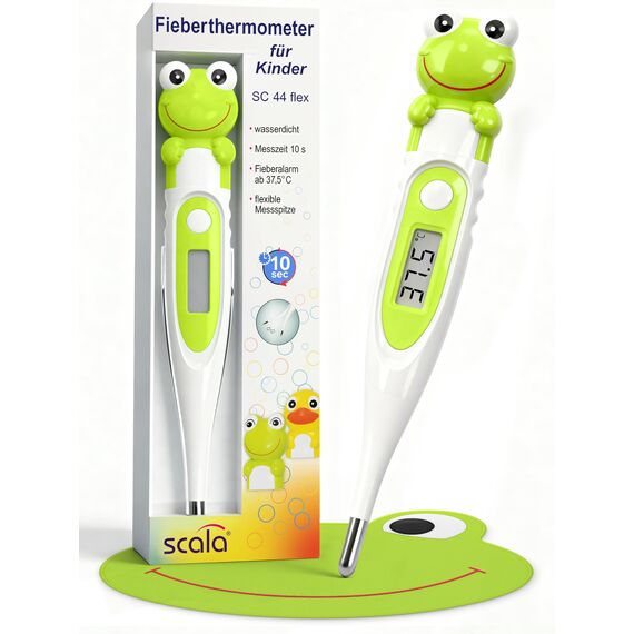 scala SC 44 flex Digitales Fieberthermometer Baby & Kinder – 10 Sek. Messzeit, flexible Spitze, Fieberalarm, wasserdicht – oral, rektal & axillar – Frosch Motiv