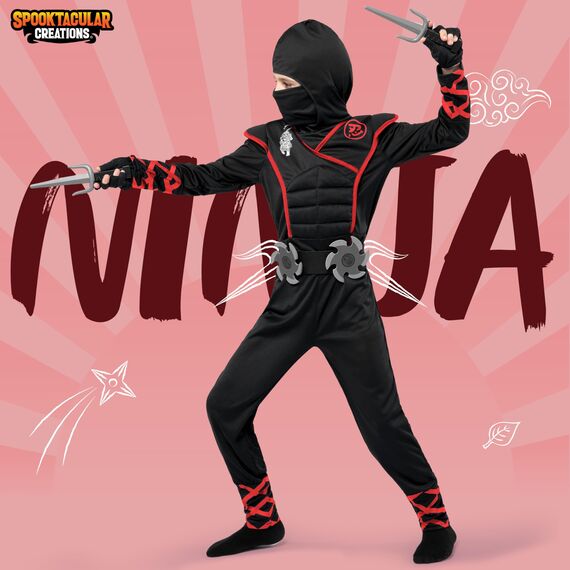 Spooktacular Creations Jungen Ninja Kostüm für Kinder mit Ninja Dolchen und Wurfsternen, Halloween Dress Up Party Karneval