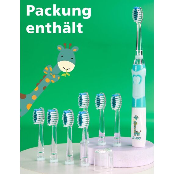 Seago Elektrische Zahnbürste Kinder mit 8 Extra Weiche Aufsteckbürste und 4 Persönliche Modi, LED Licht, Smart Timer, IPX7 Wasserdicht, Kinder Schallzahnbürste ab 3 Jahre, SG977(Grün)