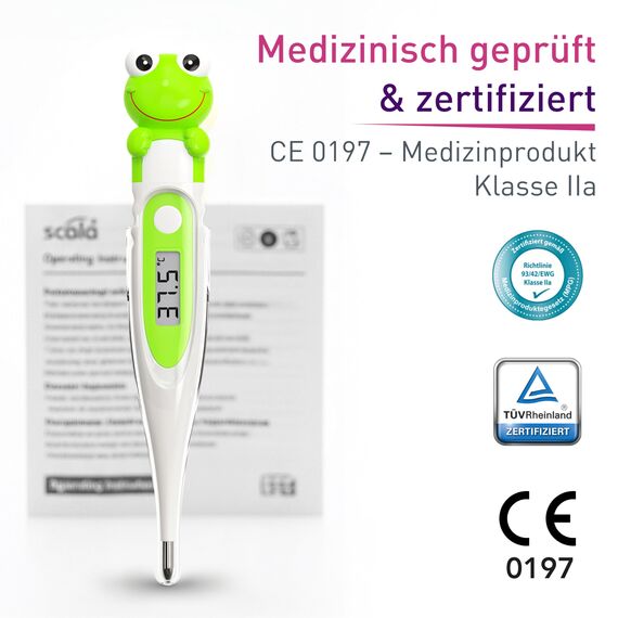 scala SC 44 flex Digitales Fieberthermometer Baby & Kinder – 10 Sek. Messzeit, flexible Spitze, Fieberalarm, wasserdicht – oral, rektal & axillar – Frosch Motiv