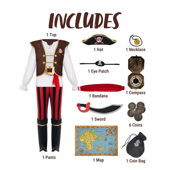 Spooktacular Creations Piratenkostüm für Kinder, Jungen, klassisches braunes Piraten-Outfit-Deluxe-Set mit Spielzeugzubehör für Kleinkinder, Halloween, Rollenspiel-Mottoparty (3T, 3–4 Jahre)