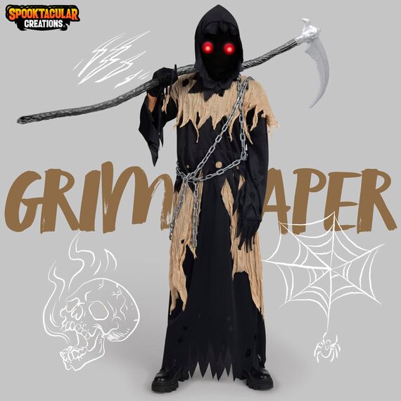 Spooktacular Creations Kinder Sensenmann Kostüm, Glühende Augen Sensenmann Kostüm für Jungen, Gruseliges Phantom Schwarzer Sensenmann Halloween Dress Up-XL