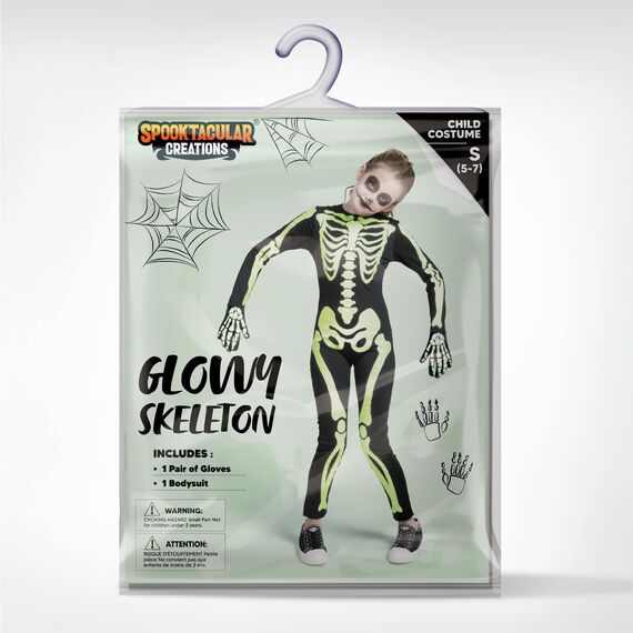 Spooktacular Creations Kinder Skelettkostüm, Unisex Glühen im dunklen Skelett-Overall mit Handschuhen für Jungen, Mädchen Halloween, Rollenspiel, Cosplay-Party-M