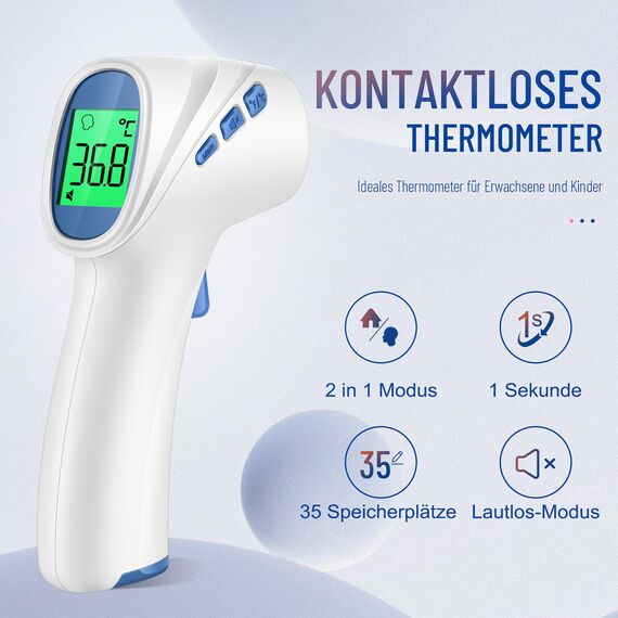 Fieberthermometer kontaktlos für Babys Kinder und Erwachsene, Infrarot-Stirnthermometer mit Fieberalarm, LCD-Display, sofortige genaue Messwerte, Weiß_Blau