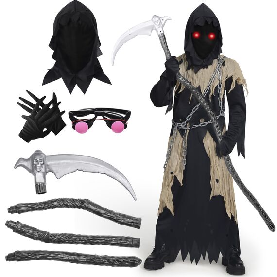 Spooktacular Creations Kinder Sensenmann Kostüm, Glühende Augen Sensenmann Kostüm für Jungen, Gruseliges Phantom Schwarzer Sensenmann Halloween Dress Up-XL