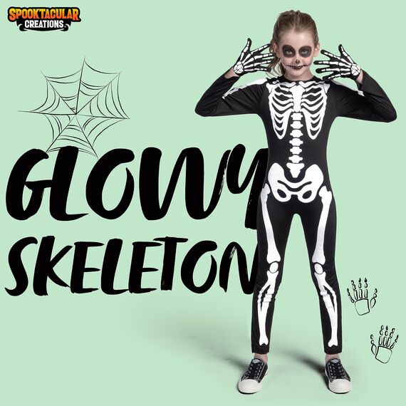 Spooktacular Creations Kinder Skelettkostüm, Unisex Glühen im dunklen Skelett-Overall mit Handschuhen für Jungen, Mädchen Halloween, Rollenspiel, Cosplay-Party-M
