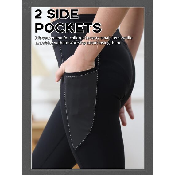 Monbessi Sportleggins Kinder Mädchen mit Handytasche Sporthose Hohe Taille Turnleggins Mädchen Lang für Gym Yoga Gymnastik(140, Schwarz)