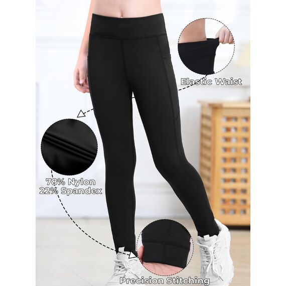 Monbessi Sportleggins Kinder Mädchen mit Handytasche Sporthose Hohe Taille Turnleggins Mädchen Lang für Gym Yoga Gymnastik(140, Schwarz)