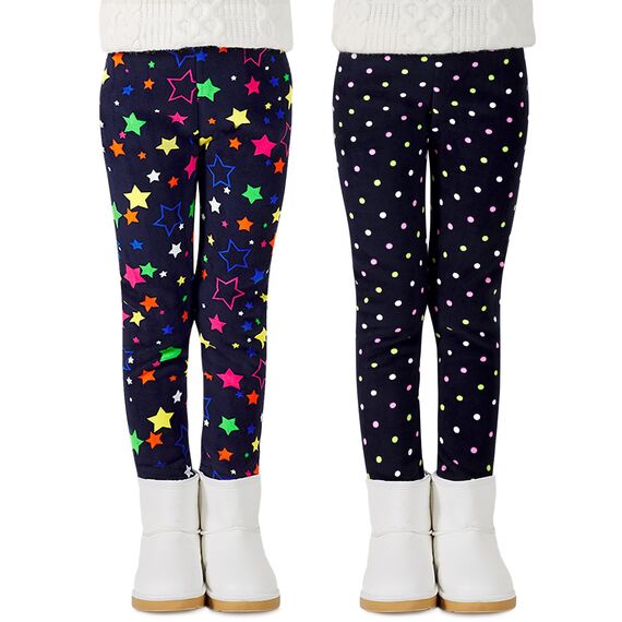Adorel Mädchen Winter Leggings Gefüttert Warm Bunt Dicke Thermohosen 2er-Pack Bunte Punkte & Bunte Sterne 122-128 (Herstellergröße 130)