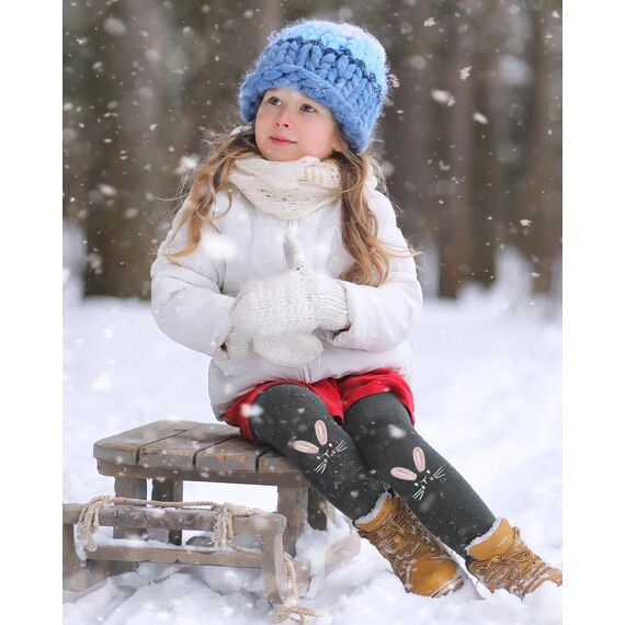 Domee Mädchen Leggings Gefüttert Thermohose Warme Winter Baumwolle Bestickter Hase Grau 104-110 (Herstellergröße 110)
