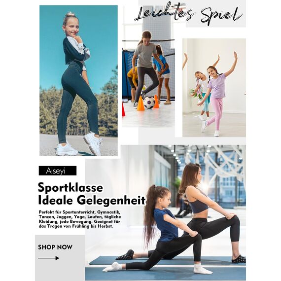 Aiseyi Sportleggins Kinder Mädchen Komfortable Sporthose Sport Leggings Lang Yoga Leggings für Jogging Training Sportunterricht Schwarz 150