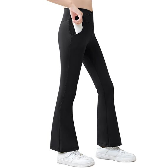 Domee Mädchen Leggings Schlaghose Flared Ausgestellte Leggings Sporthose Schwarze Nacht 146 (Herstellergröße 150)