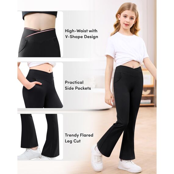 Adorel Mädchen Schlaghosen Bootcut Schlag Sport Leggings mit Taschen Yogahosen Schwarz 134-140 EU (Herstellergröße 140)