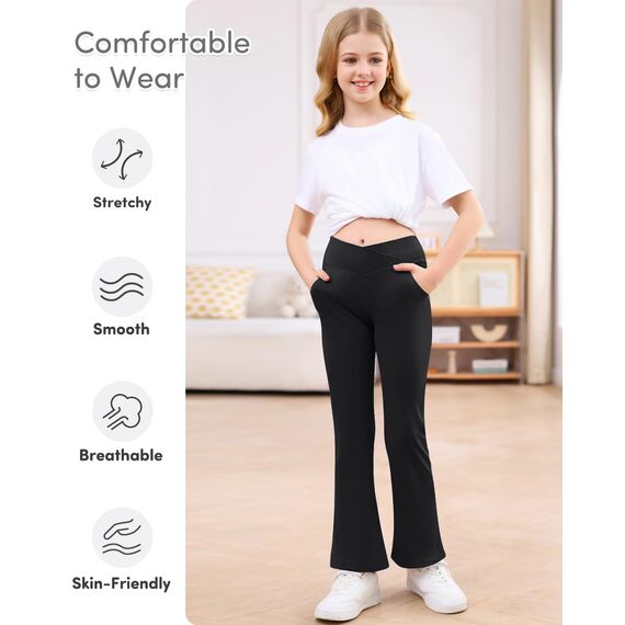 Adorel Mädchen Schlaghosen Bootcut Schlag Sport Leggings mit Taschen Yogahosen Schwarz 134-140 EU (Herstellergröße 140)