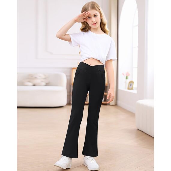Adorel Mädchen Schlaghosen Bootcut Schlag Sport Leggings mit Taschen Yogahosen Schwarz 134-140 EU (Herstellergröße 140)