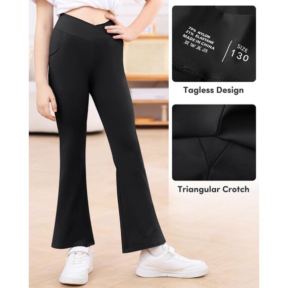 Adorel Mädchen Schlaghosen Bootcut Schlag Sport Leggings mit Taschen Yogahosen Schwarz 134-140 EU (Herstellergröße 140)