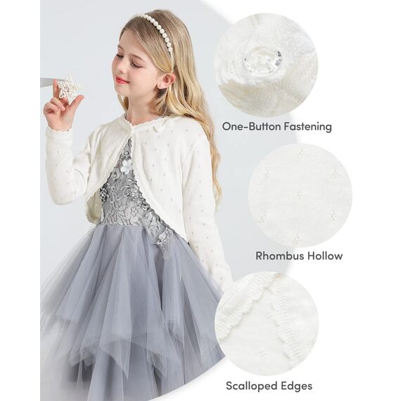 Adorel Mädchen Cardigan Festlich Langarm Rundhalsauschnitt Bolero Strickjacke Cremeweiß 8-10 Jahre (Herstellergröße 140)