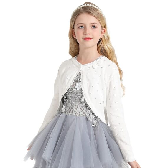 Adorel Mädchen Cardigan Festlich Langarm Rundhalsauschnitt Bolero Strickjacke Cremeweiß 8-10 Jahre (Herstellergröße 140)