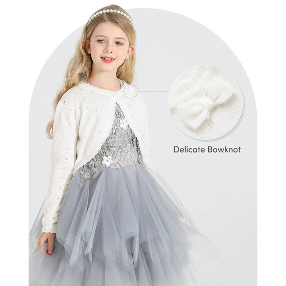 Adorel Mädchen Cardigan Festlich Langarm Rundhalsauschnitt Bolero Strickjacke Cremeweiß 8-10 Jahre (Herstellergröße 140)