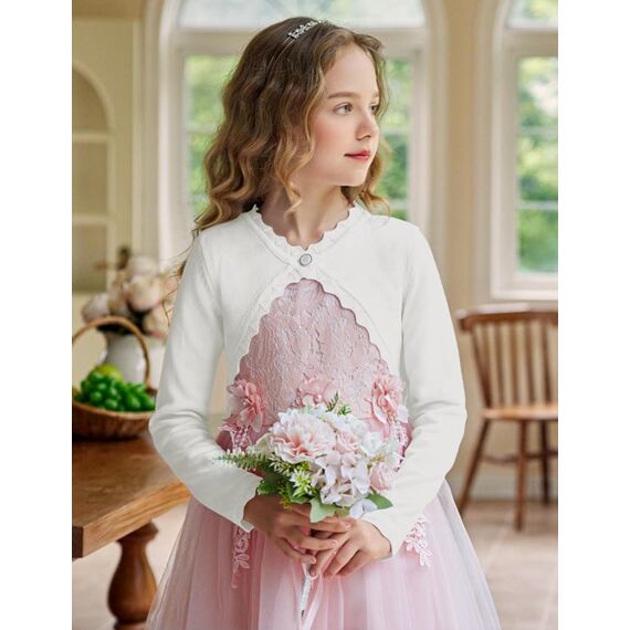 trudge Mädchen Bolero Kurze Strickjacke Festlich Kurz Cardigan Elegant Schulterjacke Cremeweiß 140