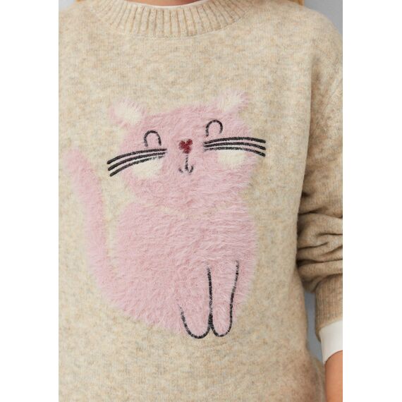 s.Oliver Kuscheliger Loose-Fit-Strickpullover mit Katzen-Artwork