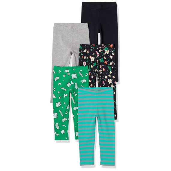 Amazon Essentials Mädchen Leggings, 5er-Pack, Floral/Grau/Grün Bonbon/Schwarz/Türkisblau Streifen, 3 Jahre