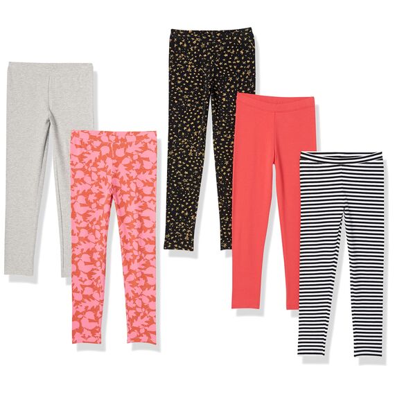 Amazon Essentials Mädchen Leggings, 5er-Pack, Grau/Orange/Pfirsich Blattmuster/Schwarz Sterne/Weiß Streifen, 4 Jahre